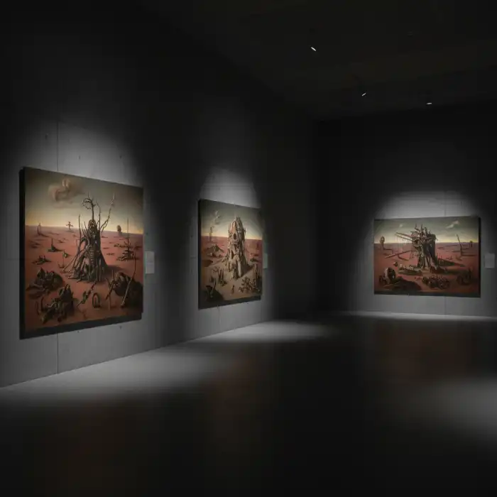 Beksiński wystawa Kraków: kompletny przewodnik po wydarzeniach kulturalnych Wnętrze galerii sztuki prezentującej mroczne malarstwo wizyjne – Beksiński wystawa Kraków.