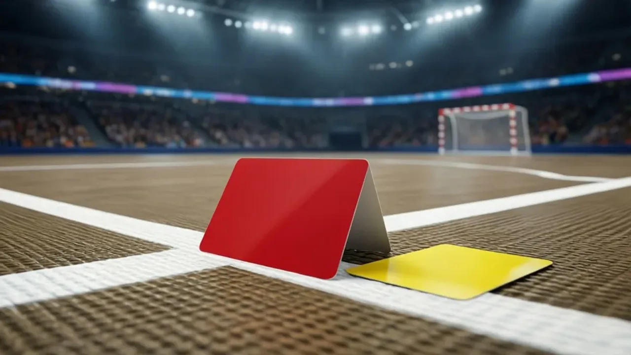 Czerwona kartka w piłce ręcznej: znaczenie i zasady kar w meczu Czerwona kartka w piłce ręcznej leżąca na parkiecie boiska sportowego.