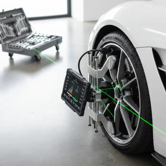 Ile kosztuje zbieżność i geometria kół? Usługa gdy auto ściąga Profesjonalne stanowisko do pomiaru geometrii 3D w nowoczesnym warsztacie samochodowym, wyjaśniające ile kosztuje zbieżność.