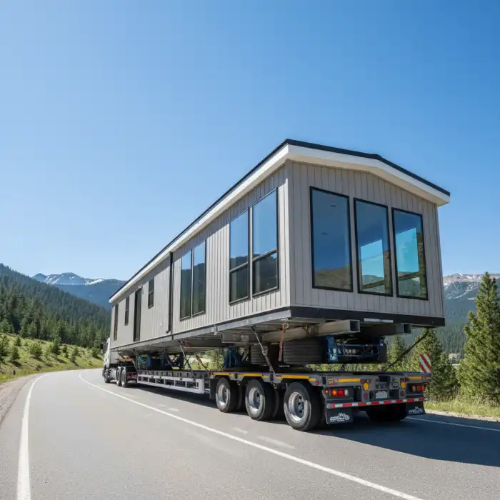 Ile waży domek holenderski? Waga domku mobilnego i całorocznego Transport ciężki na niskopodwoziowej lawecie pokazuje, ile waży domek holenderski o konstrukcji całorocznej.