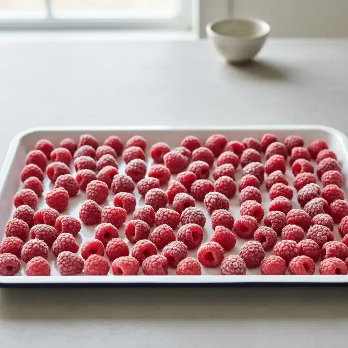 Jak mrozić maliny: sprawdzone sposoby, by zachować smak i nie skleić Świeże maliny przygotowane do mrożenia na tacy – sprawdź jak mrozić maliny krok po kroku.