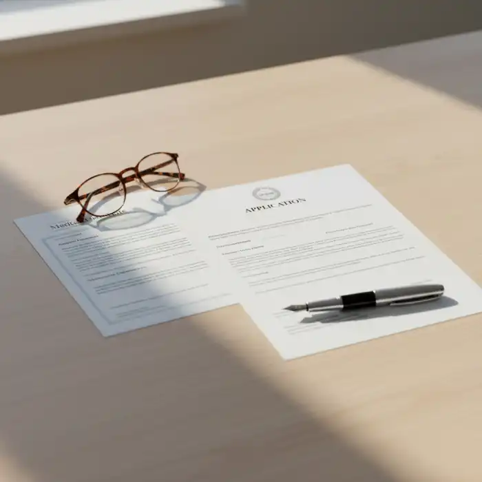 Jak napisać uzasadnienie wniosku o nauczanie indywidualne skutecznie? Biurko z dokumentami medycznymi i edukacyjnymi jako wskazówka jak napisać uzasadnienie wniosku o nauczanie indywidualne.