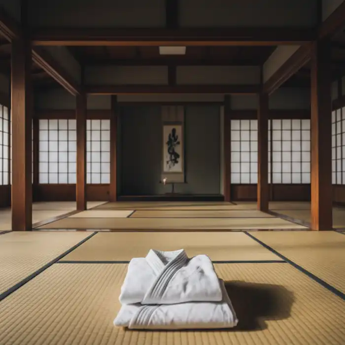 Japoński twórca judo Jigorō Kanō: historia judo i sztuki walki dla judoki Tradycyjne wnętrze dojo z pasem mistrzowskim, symbolizujące dziedzictwo, które pozostawił japoński twórca judo.