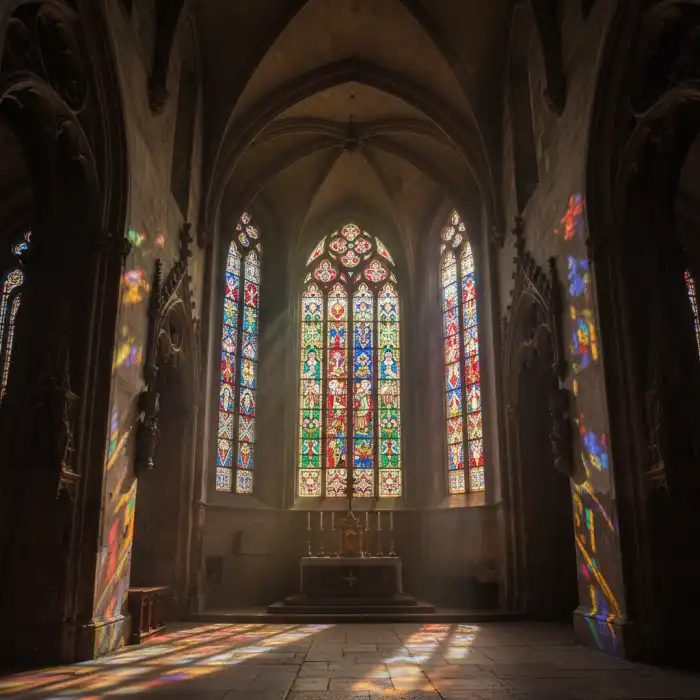 Kościół franciszkanów Kraków: ciekawostki, sztuka i historia bazyliki Witraż "Stań się" w bazylice św. Franciszka w Krakowie – kościół franciszkanów Kraków ciekawostki.