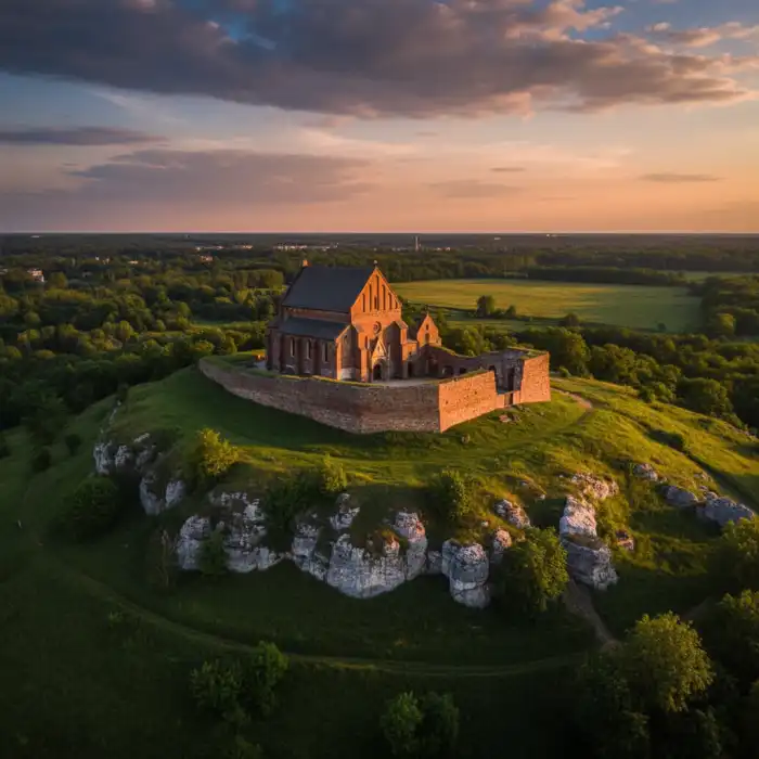 Kościół św. Benedykta Kraków: Historia, architektura i lokalne tradycje Widok na zabytkowy kościół św. Benedykta Kraków na wzgórzu Lasoty w promieniach zachodzącego słońca.