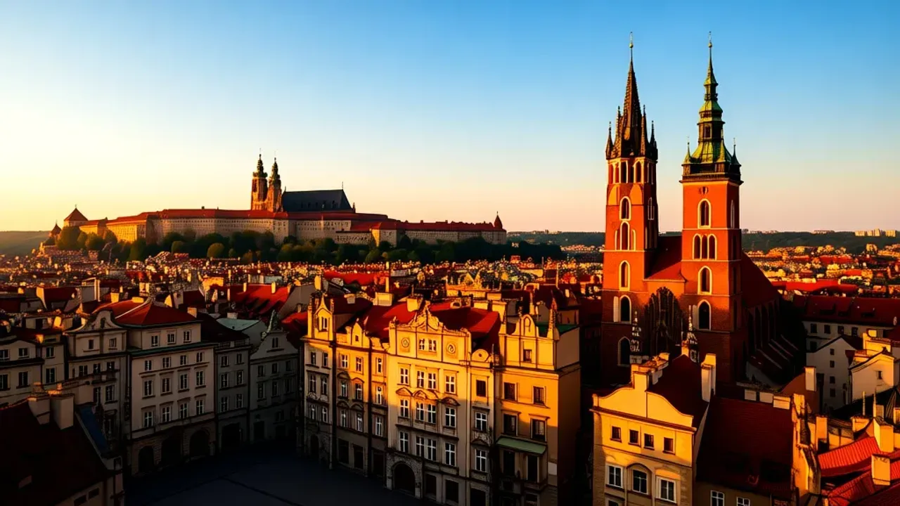 Najważniejsze zabytki Krakowa: Rynek, Wawel, Sukiennice i atrakcje miasta Widok na Rynek Główny, Bazylikę Mariacką oraz Sukiennice – najważniejsze zabytki Krakowa o zachodzie słońca.