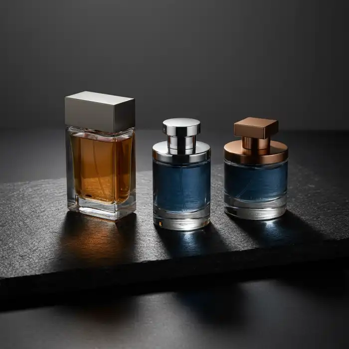 Perfumy meskie top: Ranking 10 najlepszych i najładniejszych zapachów męskich Eleganckie flakony perfumy meskie top prezentowane na minimalistycznym, ciemnym tle.