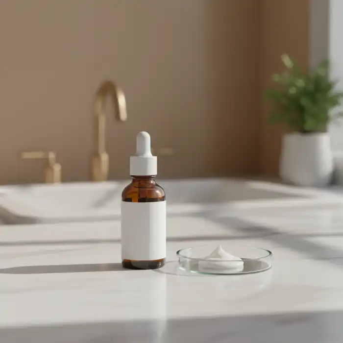 Retinol dla początkujących: kompletny przewodnik jak stosować retinoidy Eleganckie opakowanie serum z retinolem na marmurowym blacie jako poradnik retinol dla początkujących.