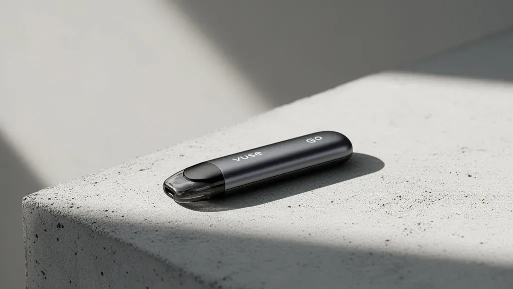 Vuse Go na ile starcza? Opinie o wydajności i smaku e-papierosa Sleek Vuse Go disposable vape device on a minimalist background, reflecting current vuse go opinie regarding build quality and design.