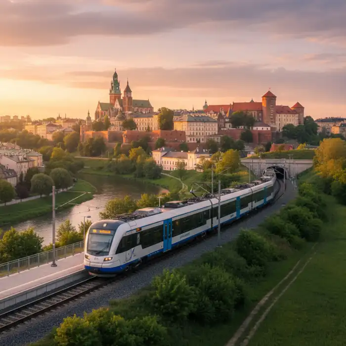 Wieliczka Kraków: dojazd, bilet i zwiedzanie kopalni soli w Wieliczce Nowoczesny pociąg na trasie Wieliczka Kraków z panoramą miasta w tle.