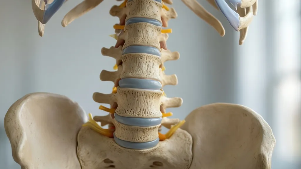 Zwężenie przestrzeni międzykręgowej L5-S1 — dyskopatia i leczenie Model anatomiczny kręgosłupa lędźwiowego uwidaczniający zwężenie przestrzeni międzykręgowej L5-S1.